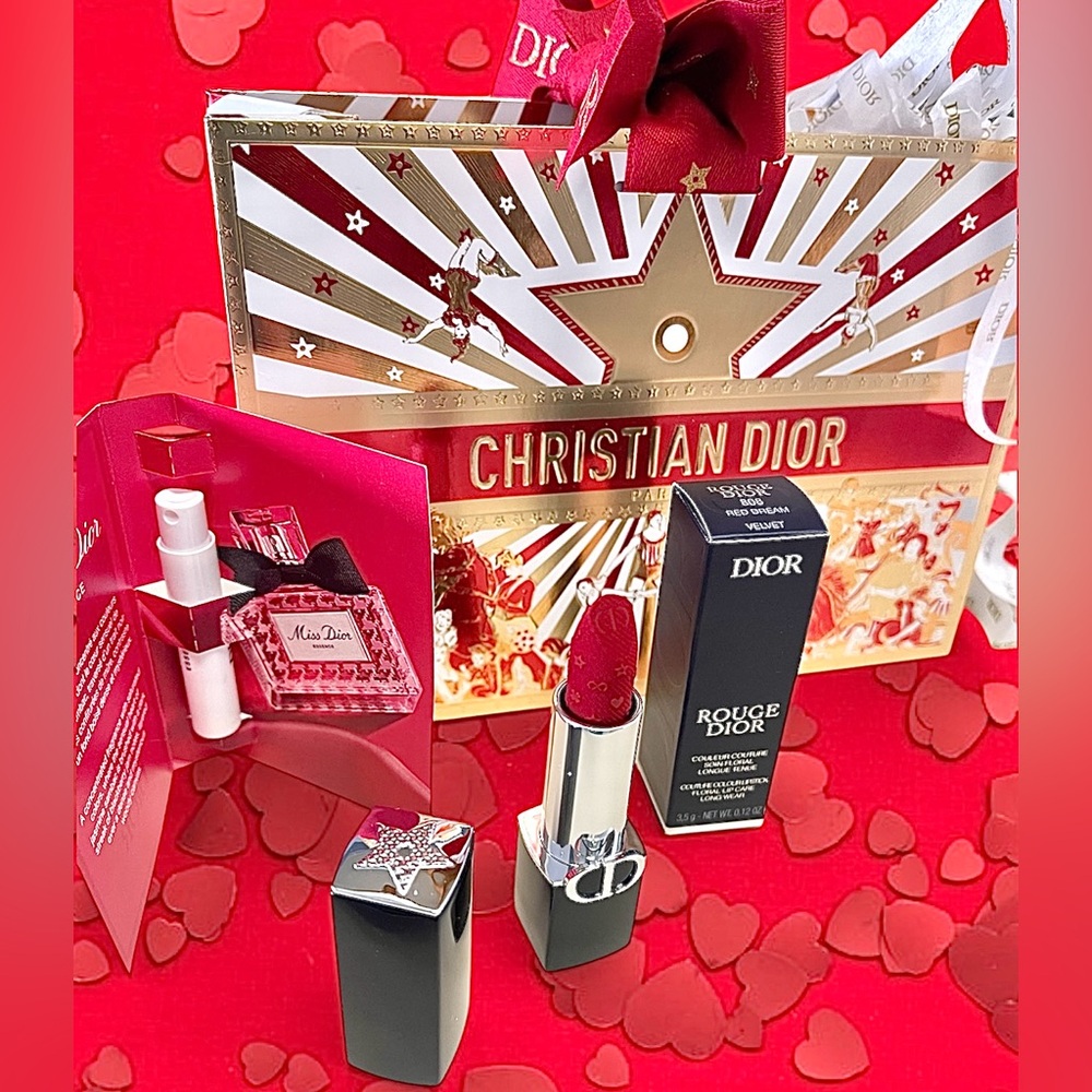 Dior Set:  Lucky Rouge Lipstick Red Dream Velvet/Miss Dior scent & Gift Bag